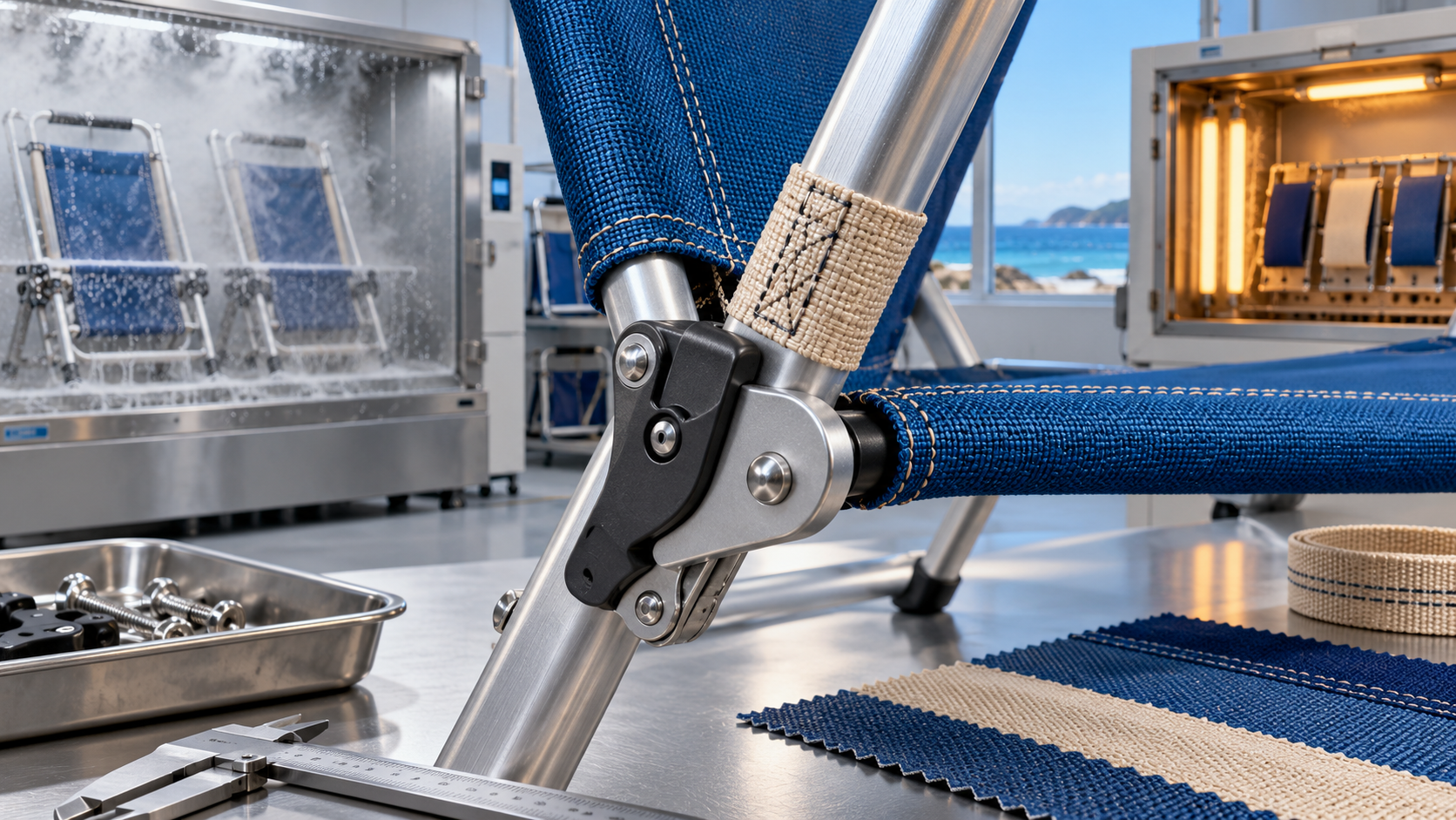 Technician inspecting beach chairs at a quality desk